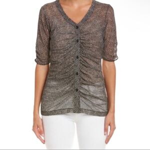 CAbi #241 Gathered Placket Sheer Blouse Button Printed Half Sleeve